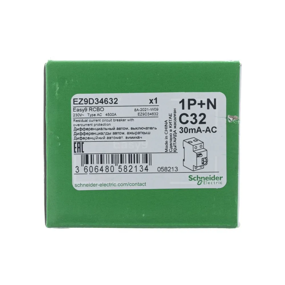 Выкл. авт. диф. тока 2П C 32А 30мА 4,5кА тип AC Easy9 Schneider Electric  (6) - ВАЯК - всё для электромонтажа